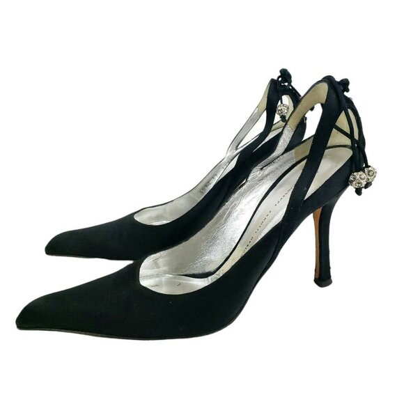 Giuseppe Zanotti Black Satin Dress Heels Lace Up Heel Rhinestone Ball Accent 37 - Picture 1 of 12